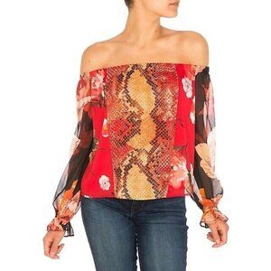 GUESS Pamelia Chiffon Off-The-Shoulder Top, Red-multi, Sz. S